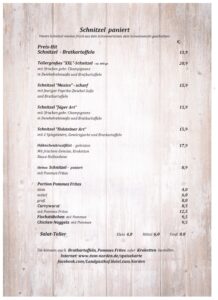 Speisekarte Restaurant Schnitzel